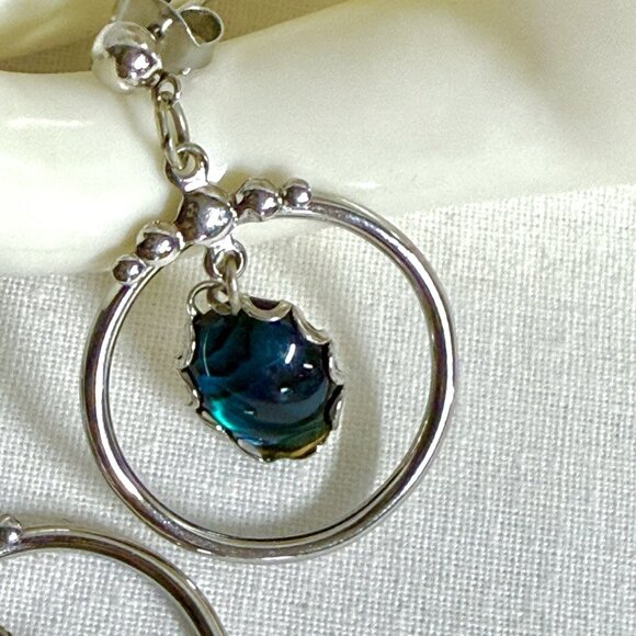 Vintage Silver-Tone Dangle Earrings with Blue Glass Cabochon Drop - Picture 3 of 8